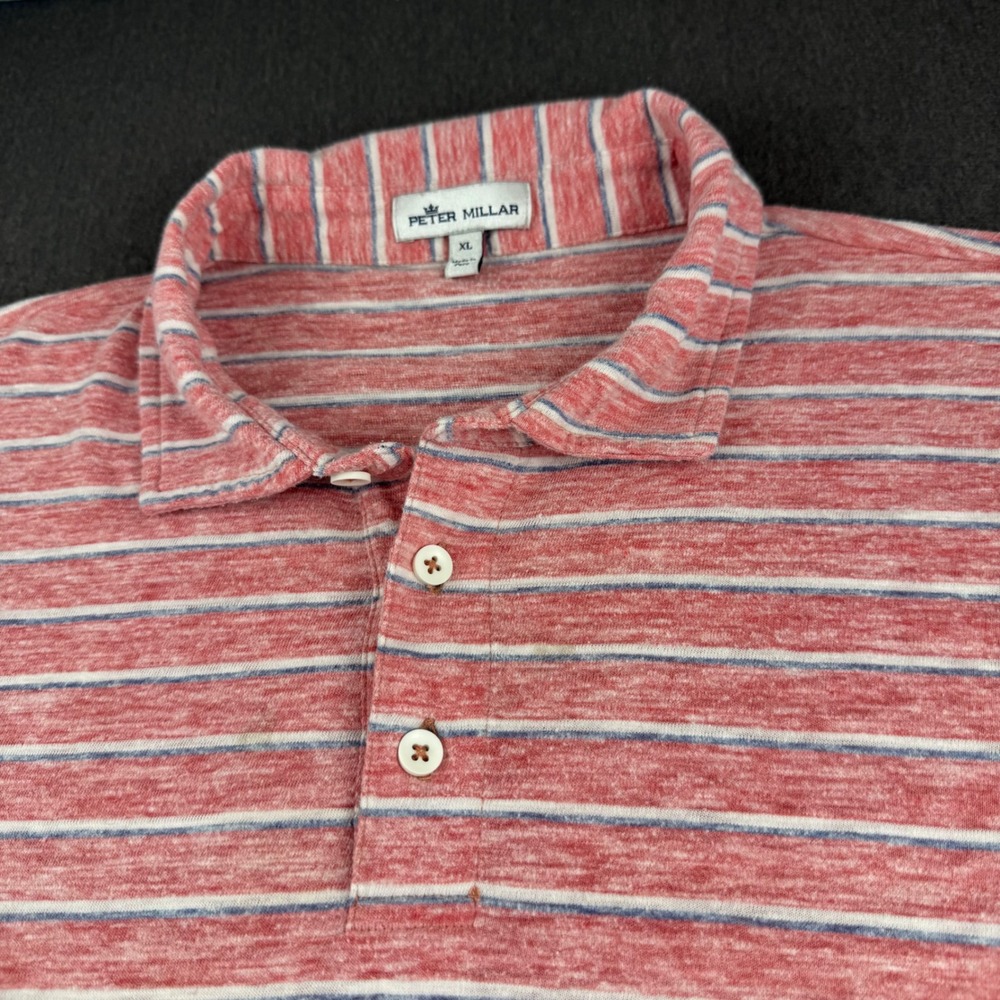 Peter Millar Mens XL Red Blue Striped Short Sleeve Cotton Blend Polo Shirt